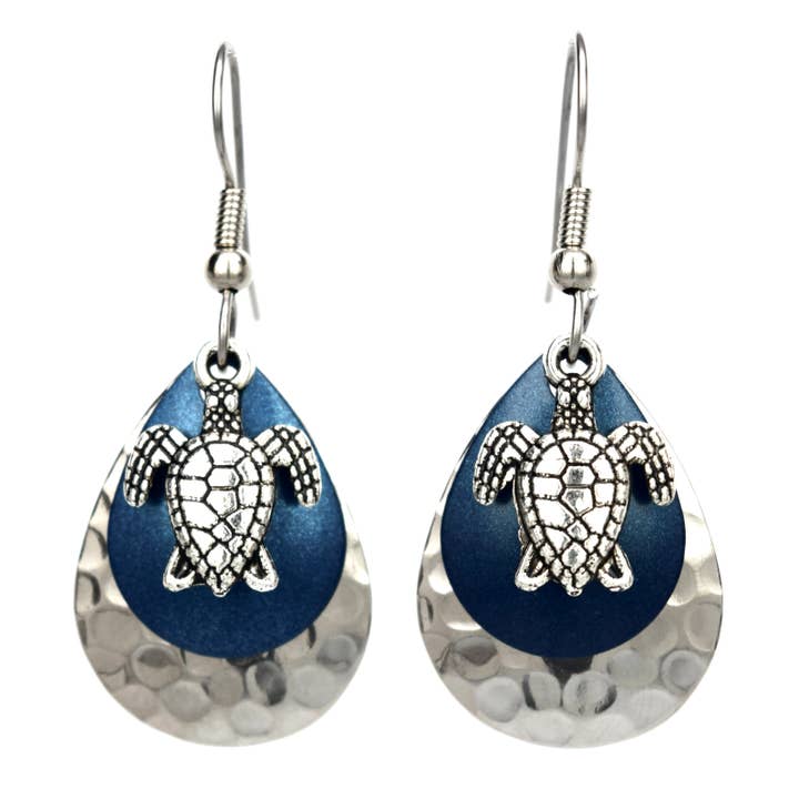 Med. Hammered Ocean Blue Triple Turtle Earrings for wholesale by Eye Catching Jewelry