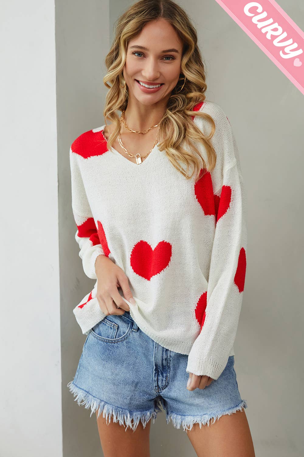 Sweet Lovely by Jen – Engroshandel Pullover - Dame – SW220PL MULTI HJERTE SWEATER PLUS STØRRELSE15