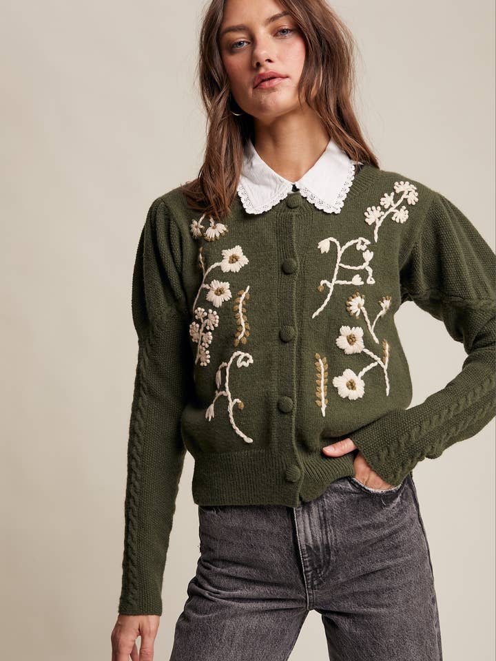 Cardigan à manches bouffantes brodé de fleurs LSW0983 pour la vente par Listicle