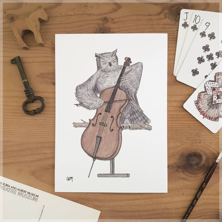 The Owl & Her Cello - A5 Art Print for wholesale by Erlenmeyer Art