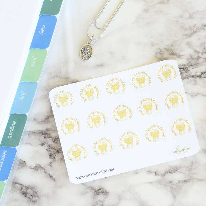 Catholic Baptism Anniversary Script Planner Stickers for wholesale by Elizabeth Clare