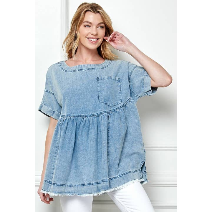 Oversize Pleated Denim Baydoll Top for wholesale on Faire