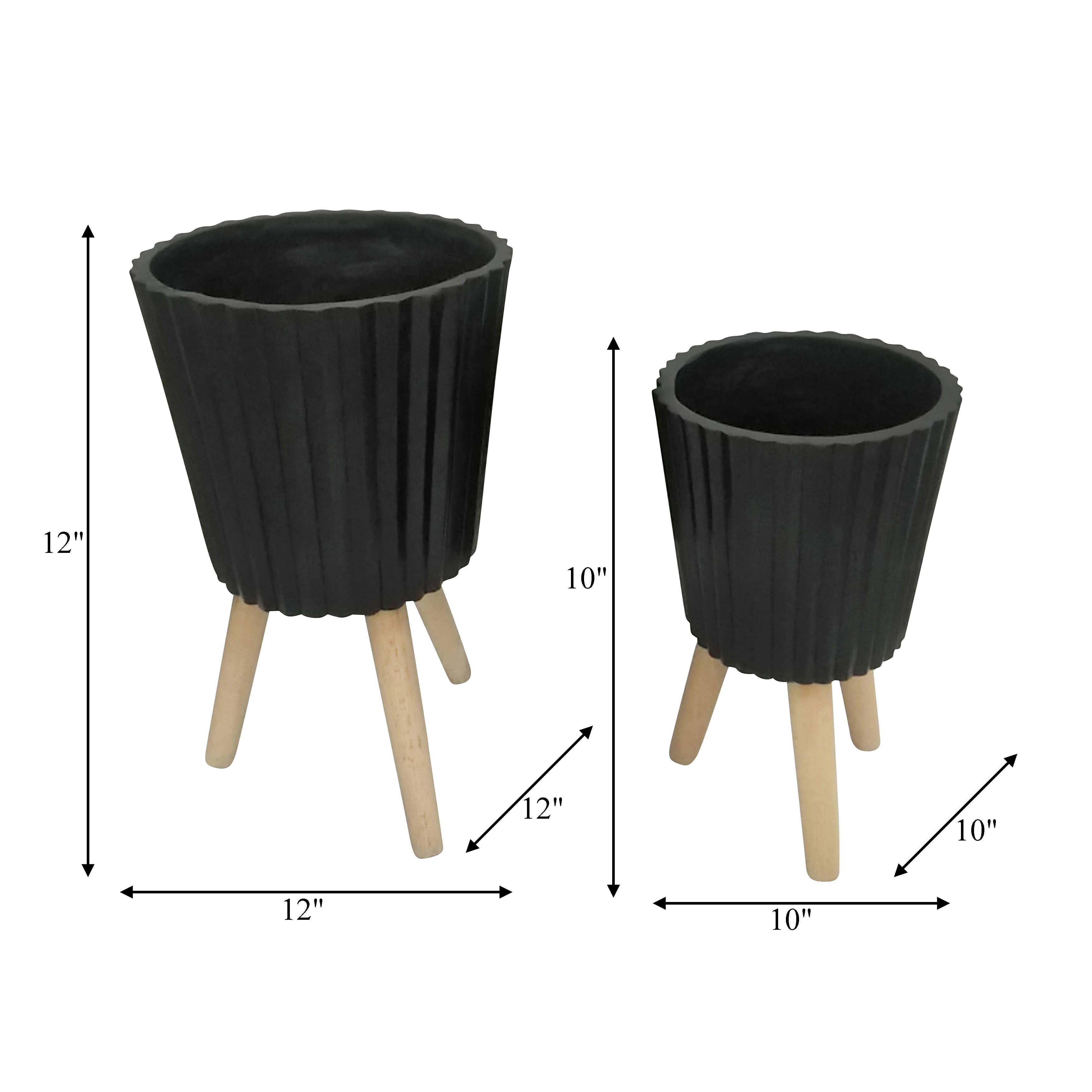 Sagebrook Home - Wholesale Plant Pot - Planters Set of 2 - Black Resin/Wood Legs Ridged, 10/12 in.2
