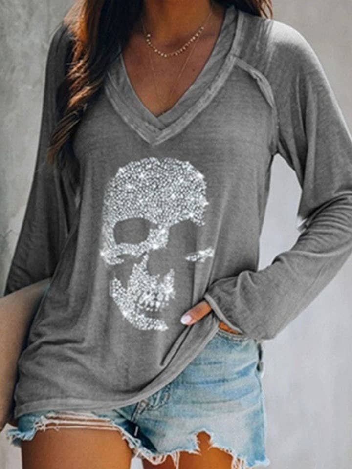 Tourtiwi - Wholesale Screen Printed T-Shirt - Women's - Skull Print Casual Long-sleeved V-neck T-shirt0