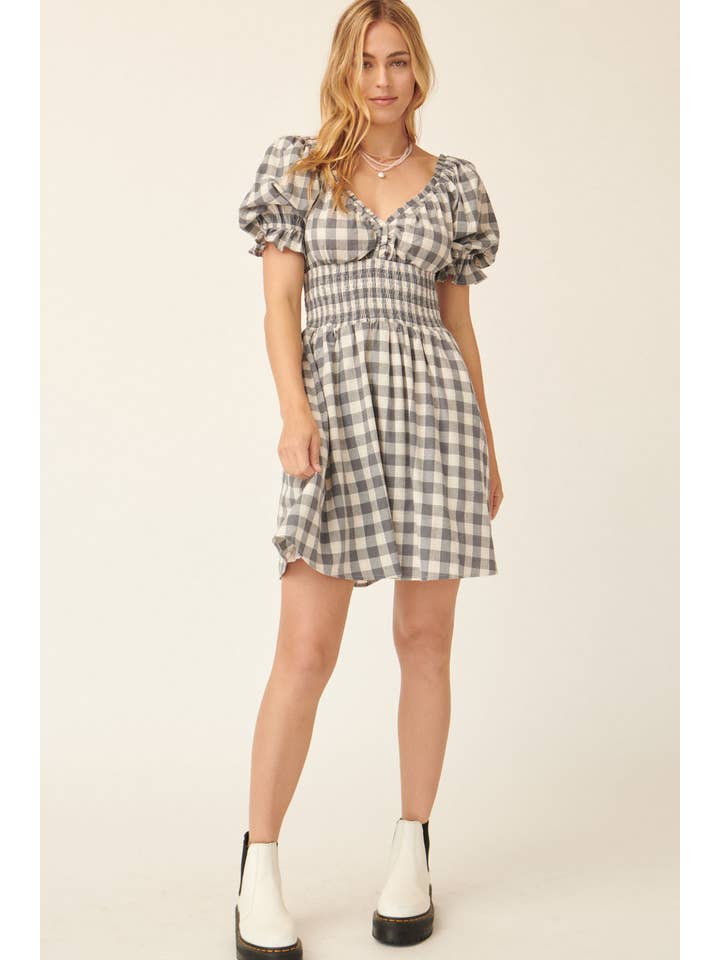Promesa USA - Wholesale Dress - Women's - Plaid V Neck Ruffle Smock Flared Mini Dress