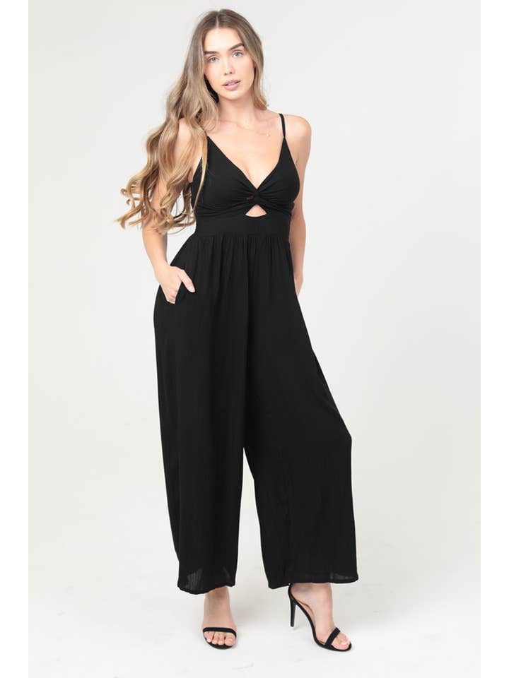ANGIE - Wholesale Jumpsuit - Women's - B5A42-ASIS V NECK TWIST FRONT CUT OUT JUMPSUIT WITH POCKETS1
