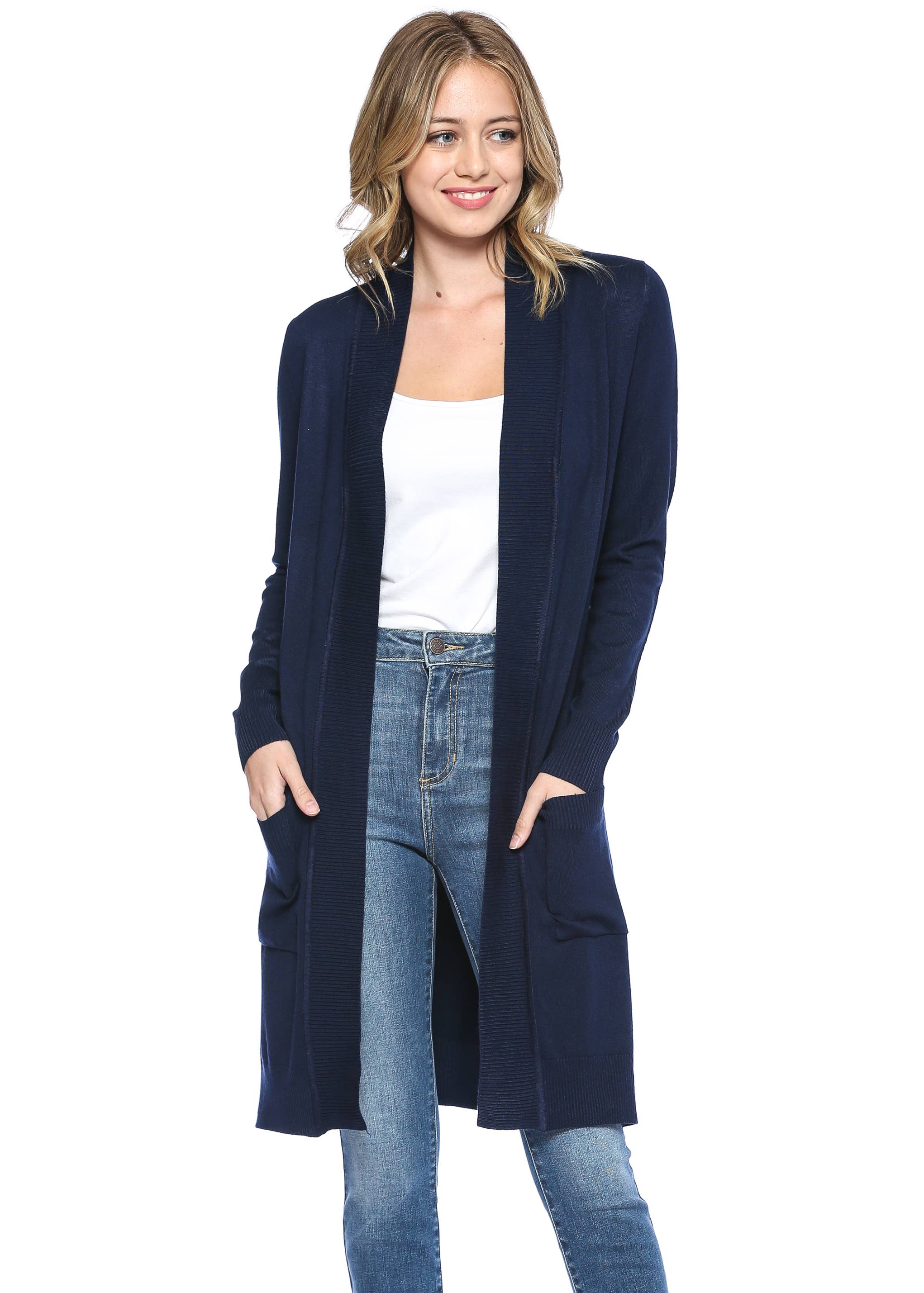 Newself Collection - Vente Cardigan – femme - Cardigan long en tricot ouvert classique à manches longues4