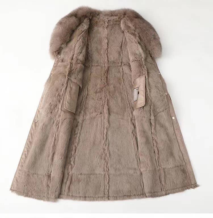 Productseeker – Casaco de pele/imitação de pele - Mulher por atacado – CT074Y Casaco elegante de pele sintética de comprimento médio com gola de pele de raposa2