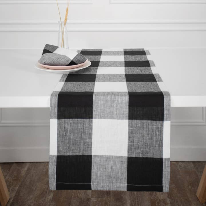 Black and White Buffalo Check Linen Table Runner for wholesale by D'Moksha