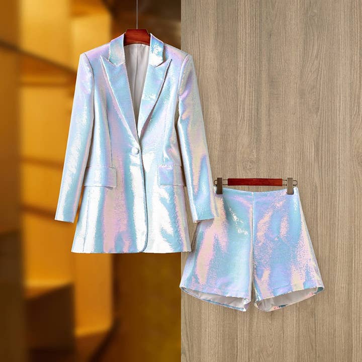 Set blazer e shorts con paillettes arcobaleno per la vendita all'ingrosso da parte di Productseeker