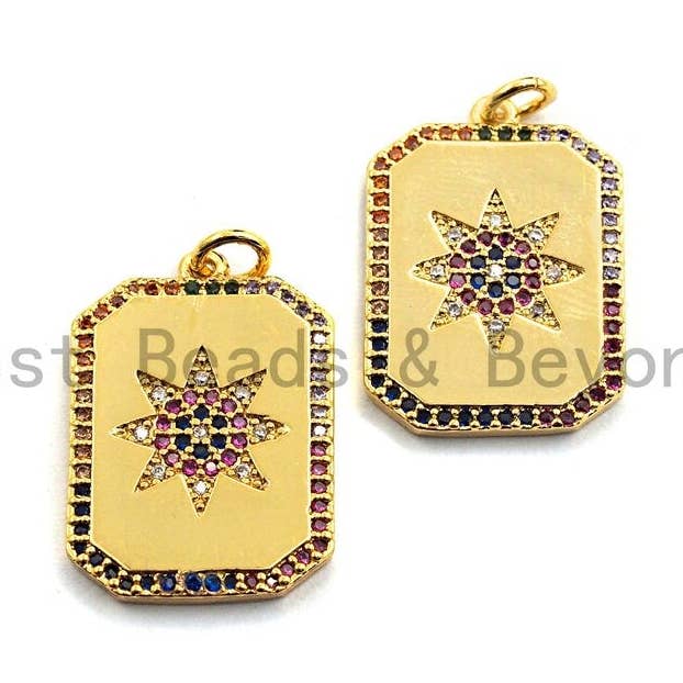 CZ Kleurrijke Micro Pave Rechthoek met acht puntige sterhanger, rechthoekige tagvormige pave hanger, verguld, 17x24mm, Sku #F873 voor wholesale door BestBeads&Beyond