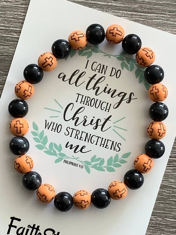 Christian Gift Black & Wood Beaded Acrylic Stretch Bracelet for wholesale by Faithstrings