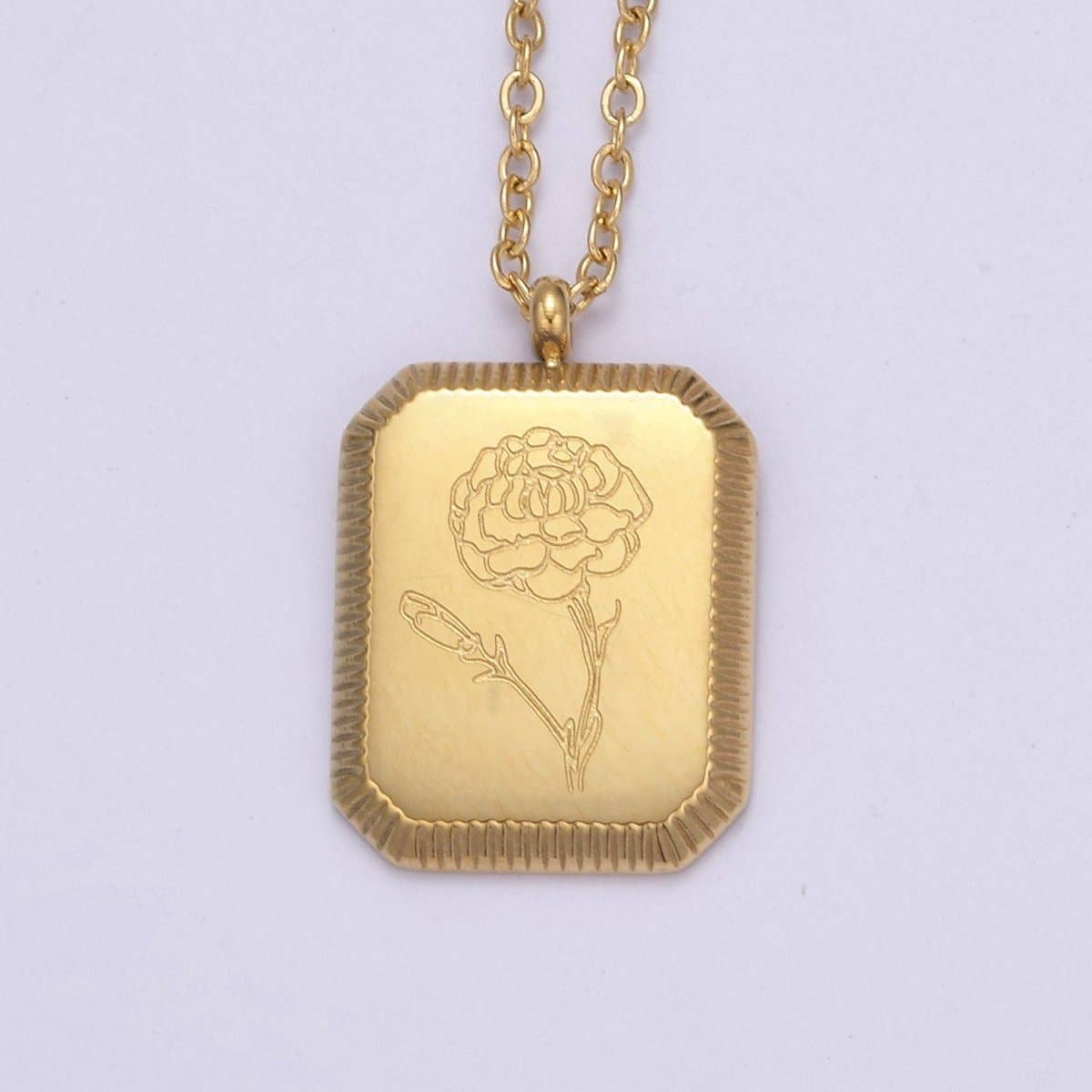 Aim Eternal - Wholesale Pendant/Charm Necklace - Gold Flower Tag Charm Engraved Floral Pendant Necklace with Cable Chain Necklace Wholesale Fashion Jewelry | WA-649 to WA-660 Clearance Pricing0