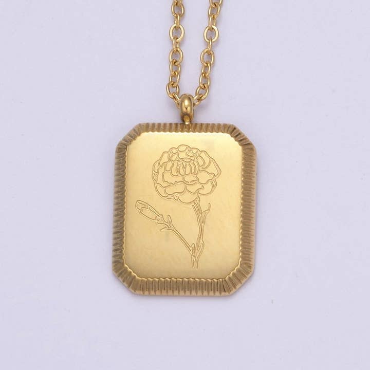 Aim Eternal - Wholesale Pendant/Charm Necklace - Gold Flower Tag Charm Engraved Floral Pendant Necklace with Cable Chain Necklace Wholesale Fashion Jewelry | WA-649 to WA-660 Clearance Pricing