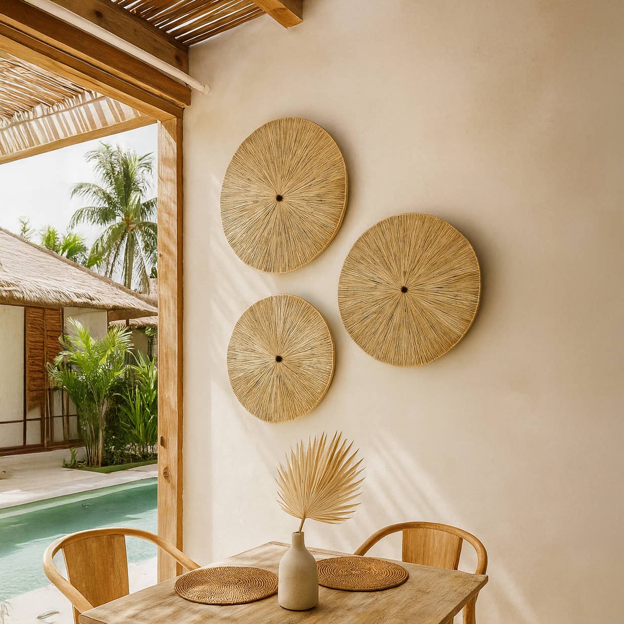 Now's Home - Wholesale Dimensionele/3D-muurkunst - Set van 3 wanddecoraties van natuurlijke raffia D60/50/40 cm MIRI2