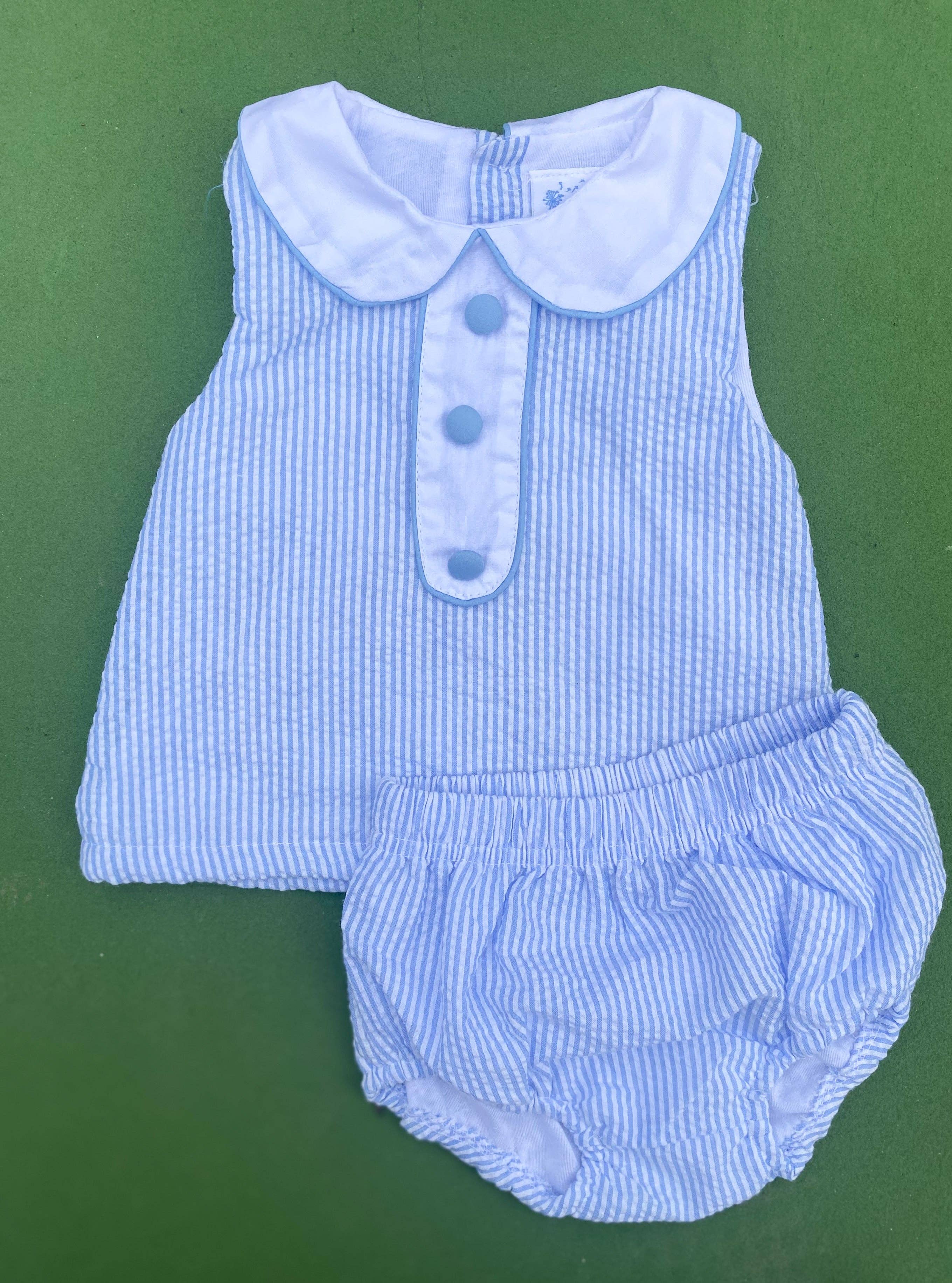Huckleberry Hill Kids - Wholesale Clothing Set - Baby - Seersucker Blue Bloomer Set1