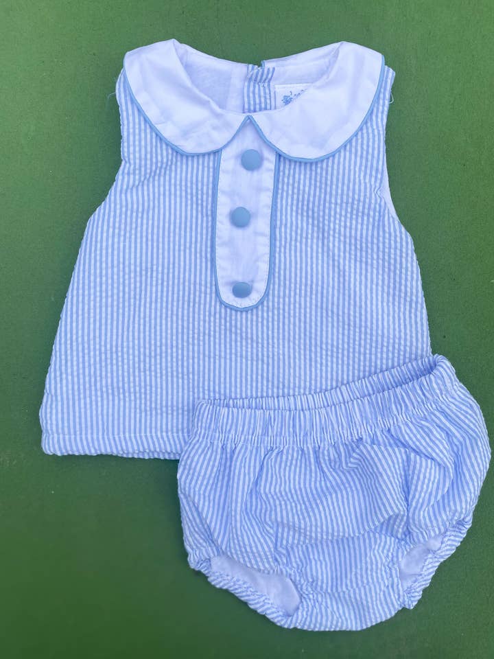 Huckleberry Hill Kids - Wholesale Clothing Set - Baby - Seersucker Blue Bloomer Set1