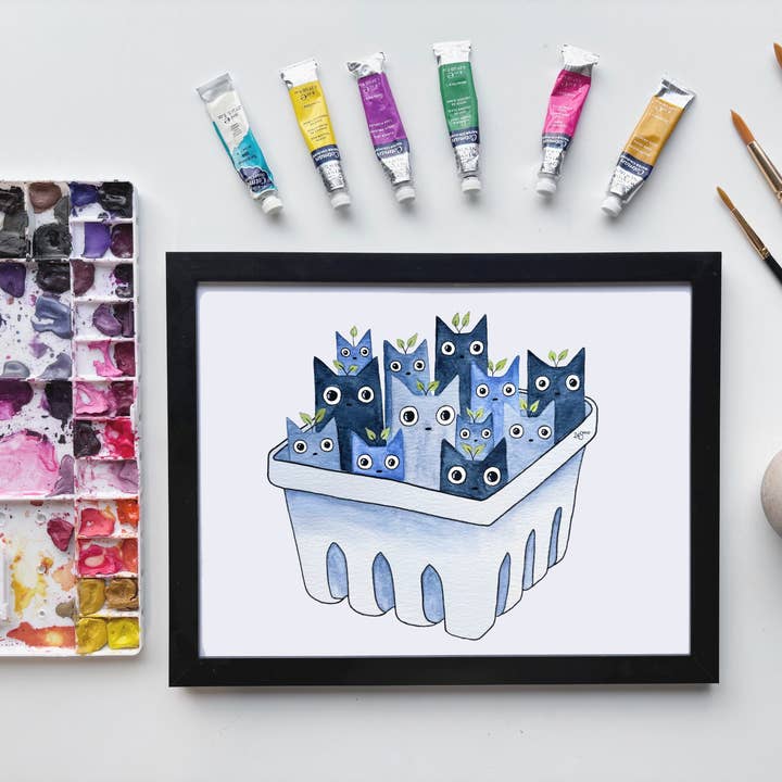 Impression d'art aquarelle de chats et myrtilles – Décor fruité fantaisiste pour la vente par Owlfeathers Watercolor