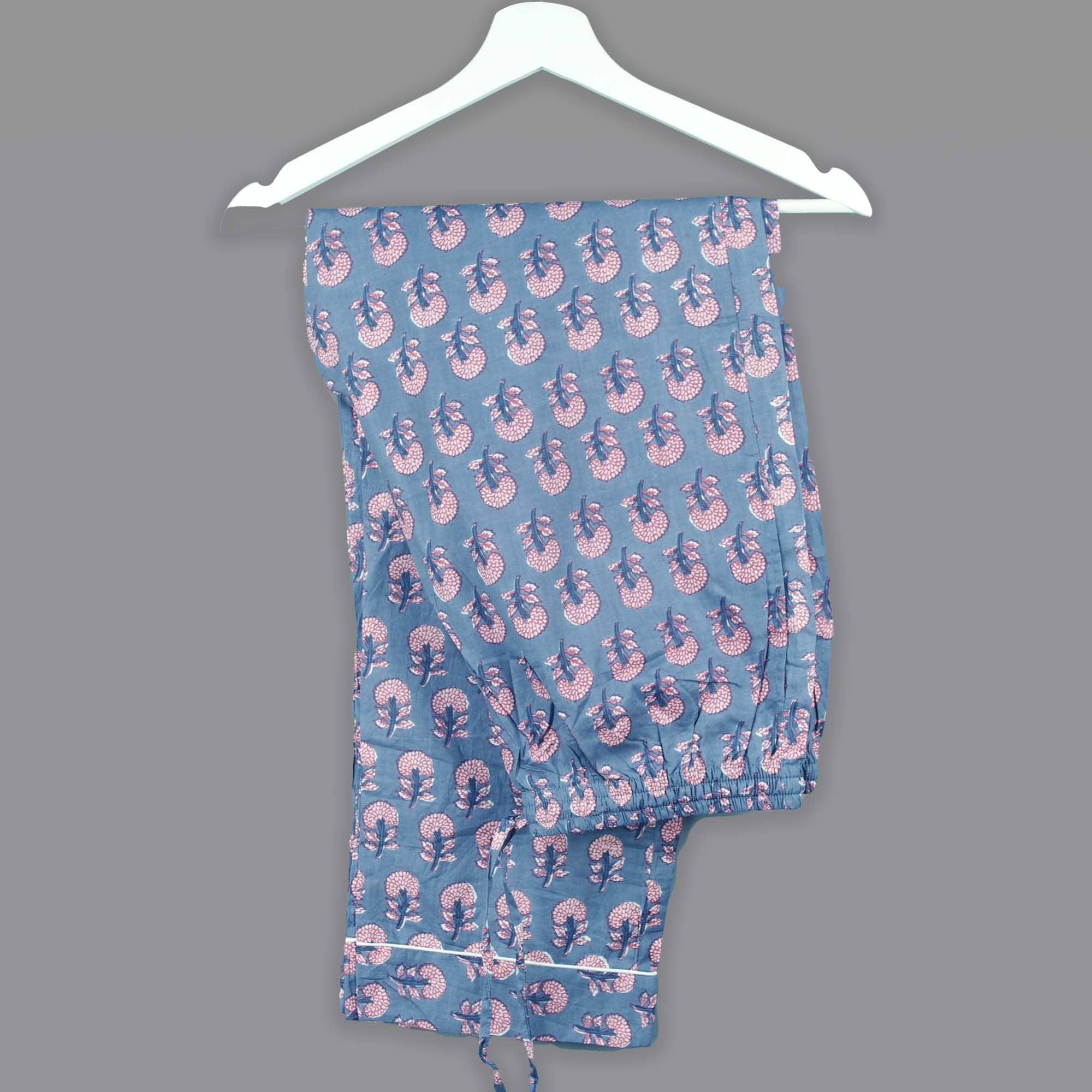 Kantha Decor – wholesale Sleepwear set – Women's – Long Cotton PJ Set With Pouch - Daffodils On Grey2