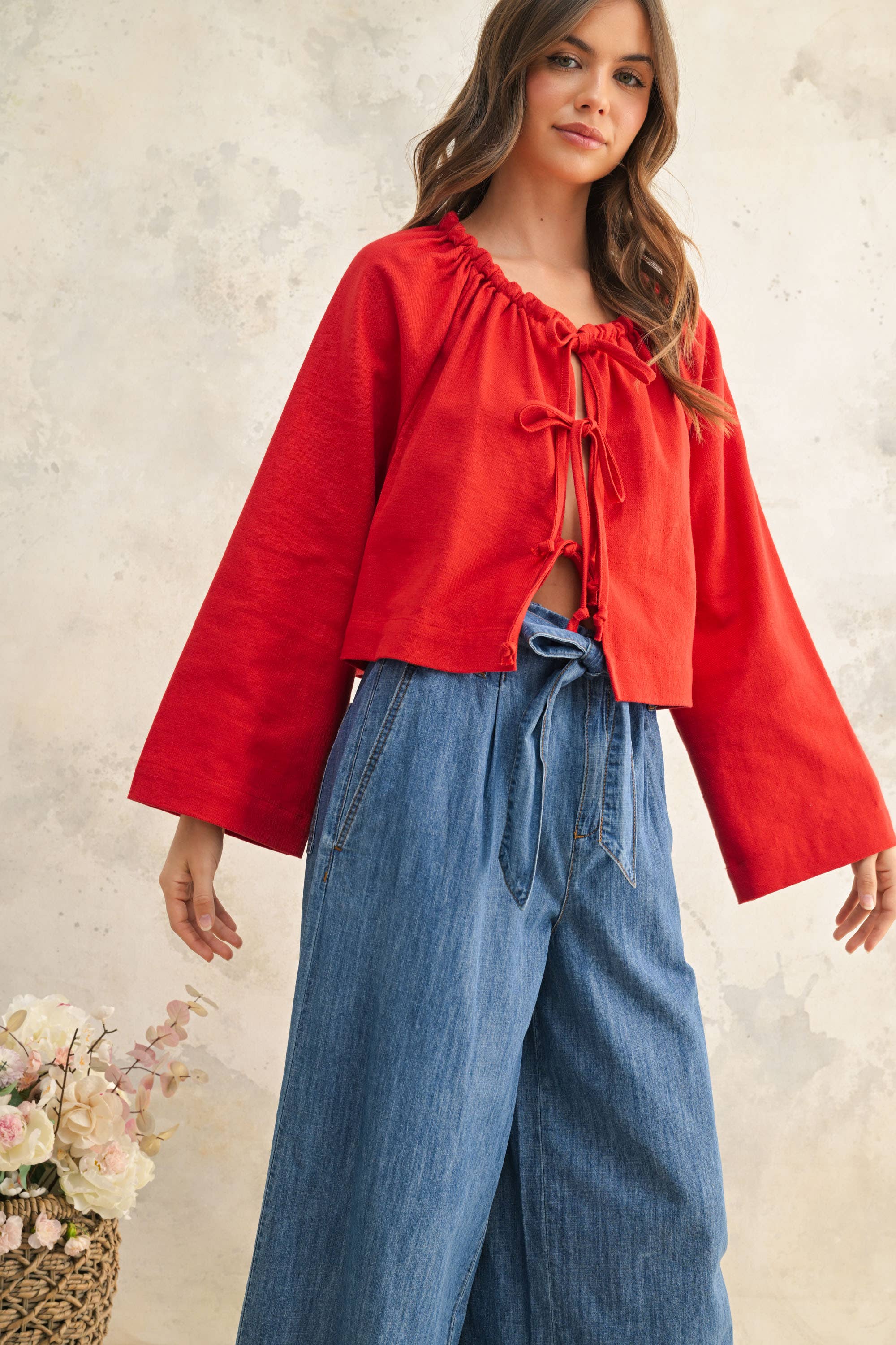 MIOU MUSE – Großhandel Strickjacke – Damen – Leinenmischung Cardigan mit Bindeband vorne18