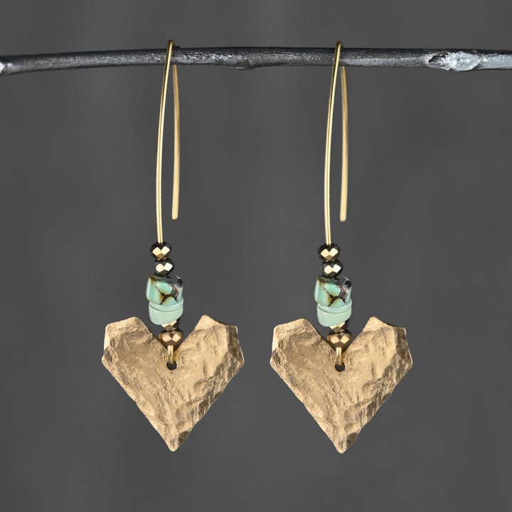 Hammered Brass Heart w/ Long Wire & Turquoise Jasper Earring for wholesale by KBD Studio