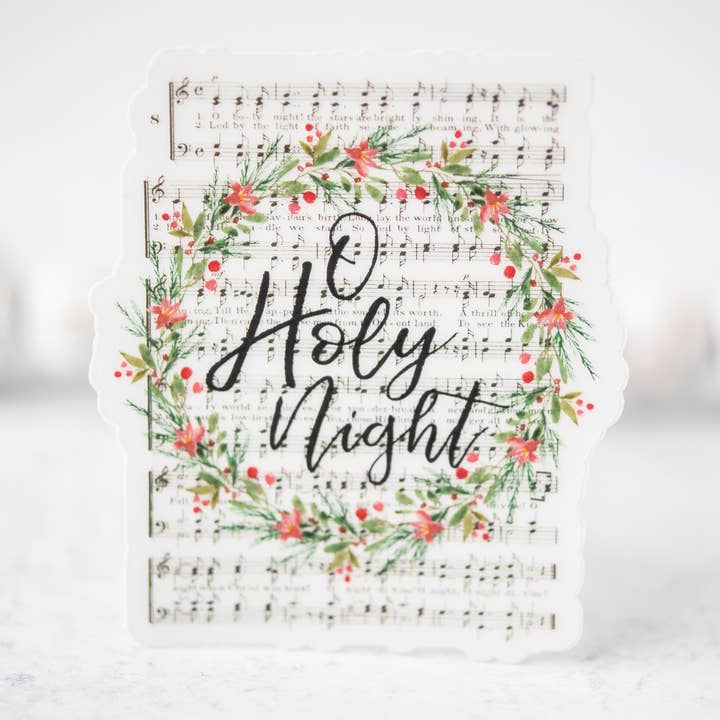 O Holy Night Hymn, Floral Clear, autocollant en vinyle, 3 x 3 po pour la vente par Savannah and James Co