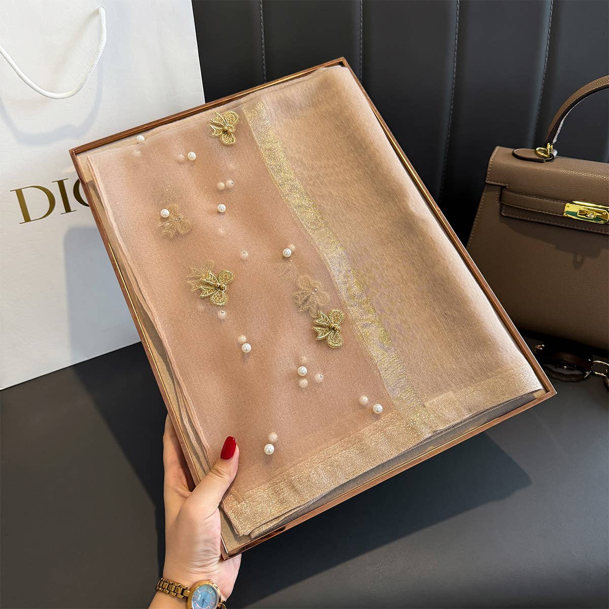 PEACH ACCESSORIES – wholesale Scarf – Women's – Silk Scarf with Embroidered Bows & Pearls2