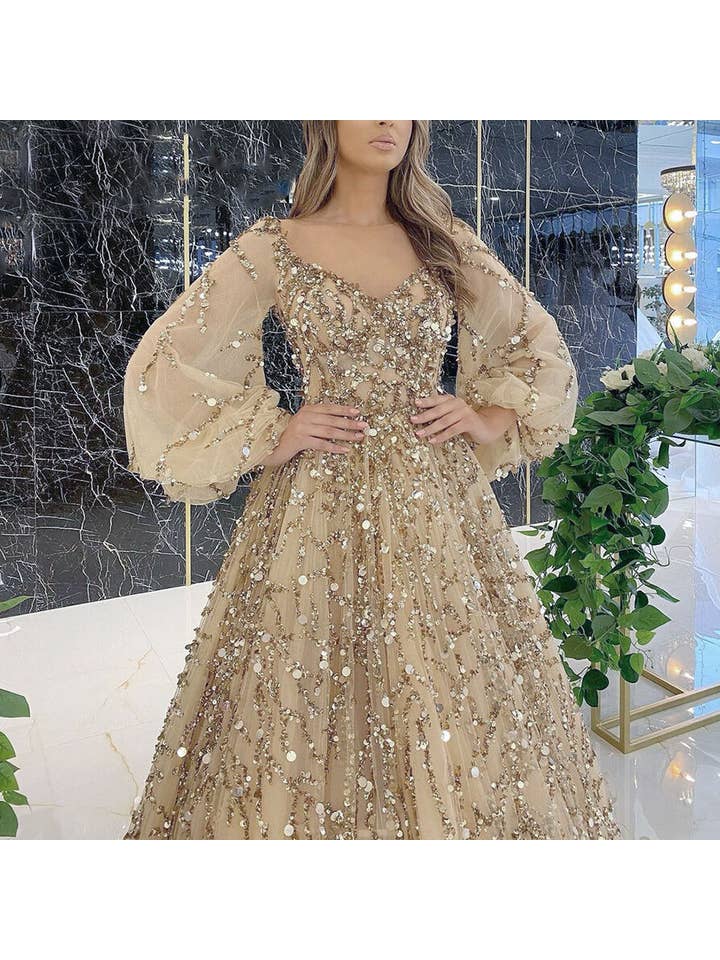pinkblu02 - Wholesale Gown - Women's - Beaded Evening Gown Puff Sleeve Maxi Dresses