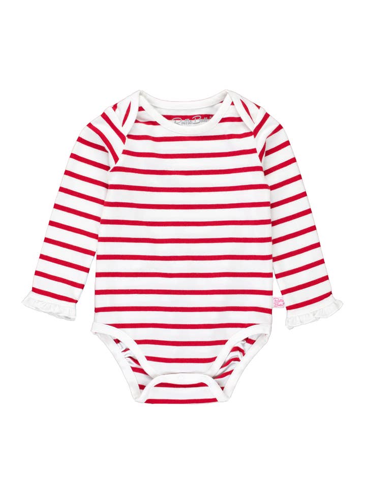 Baby Girls Red & White Stripe Knit Long Sleeve Ruffle Bodysuit
 for wholesale by RuffleButts + RuggedButts