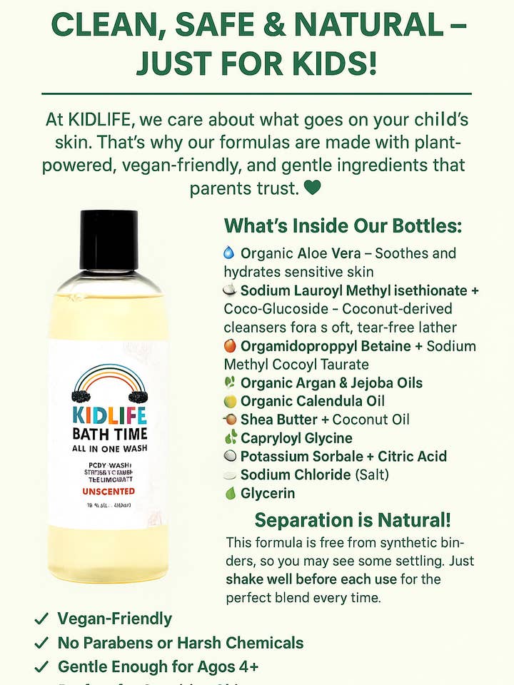 Kidlife Bain Naturel 3 en 1 Gel Douche au Beurre de Karité & Aloe 15oz pour la vente par KIDLIFE by KJ3 Essentials