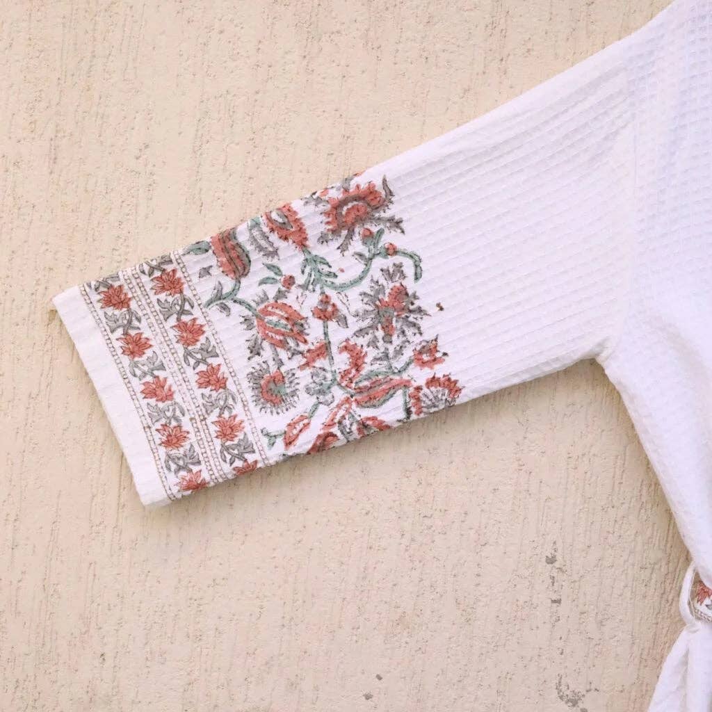 Draped In Heritage - Wholesale Robe - Women's - Red Grey Florals Hand Block Printed Cotton Waffle Bathrobe6
