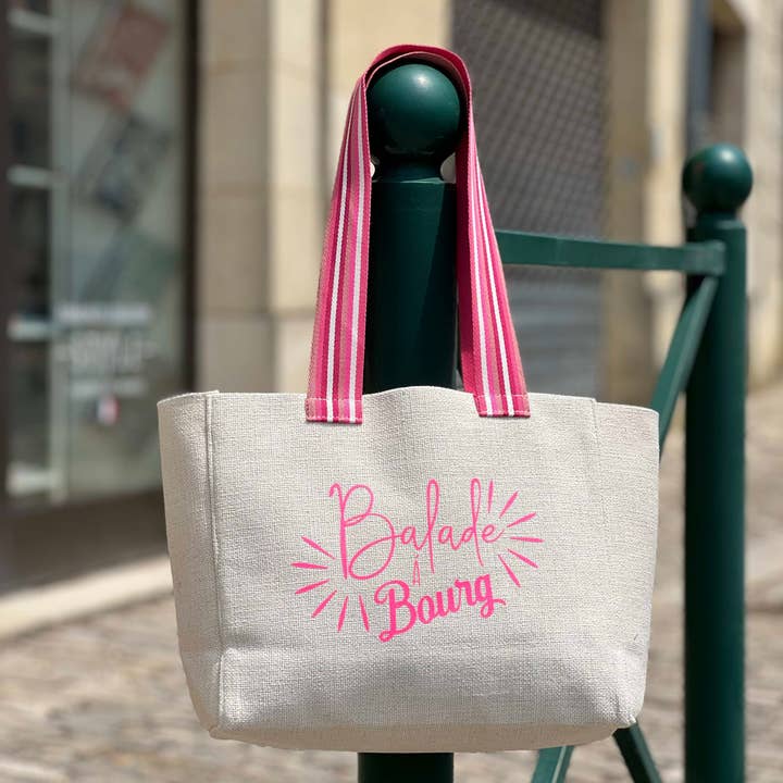 Emmanuel Création - Wholesale Tote Bag - Women's - Balade bag M, “Balade à Bourg” ecru pink strap1