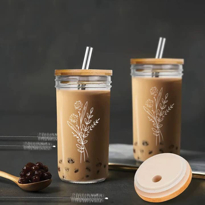 Grace and Joy Company - Wholesale Drinking Glass/Cup - Floral Bouquet Glass Tumbler + Bamboo Lid
