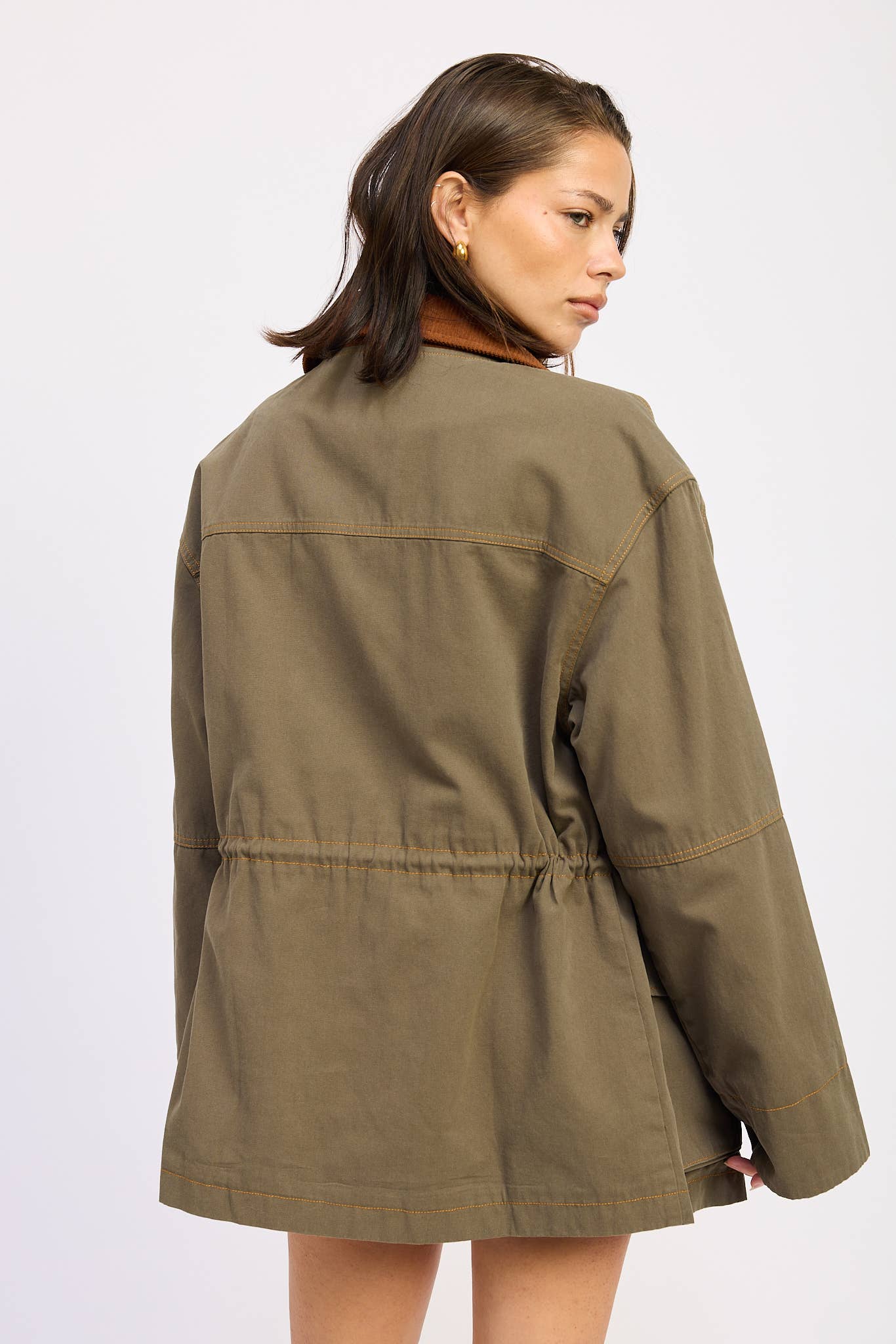 OLIVE PANELED CHORE JACKET WITH WAIST TIE for wholesale on Faire8