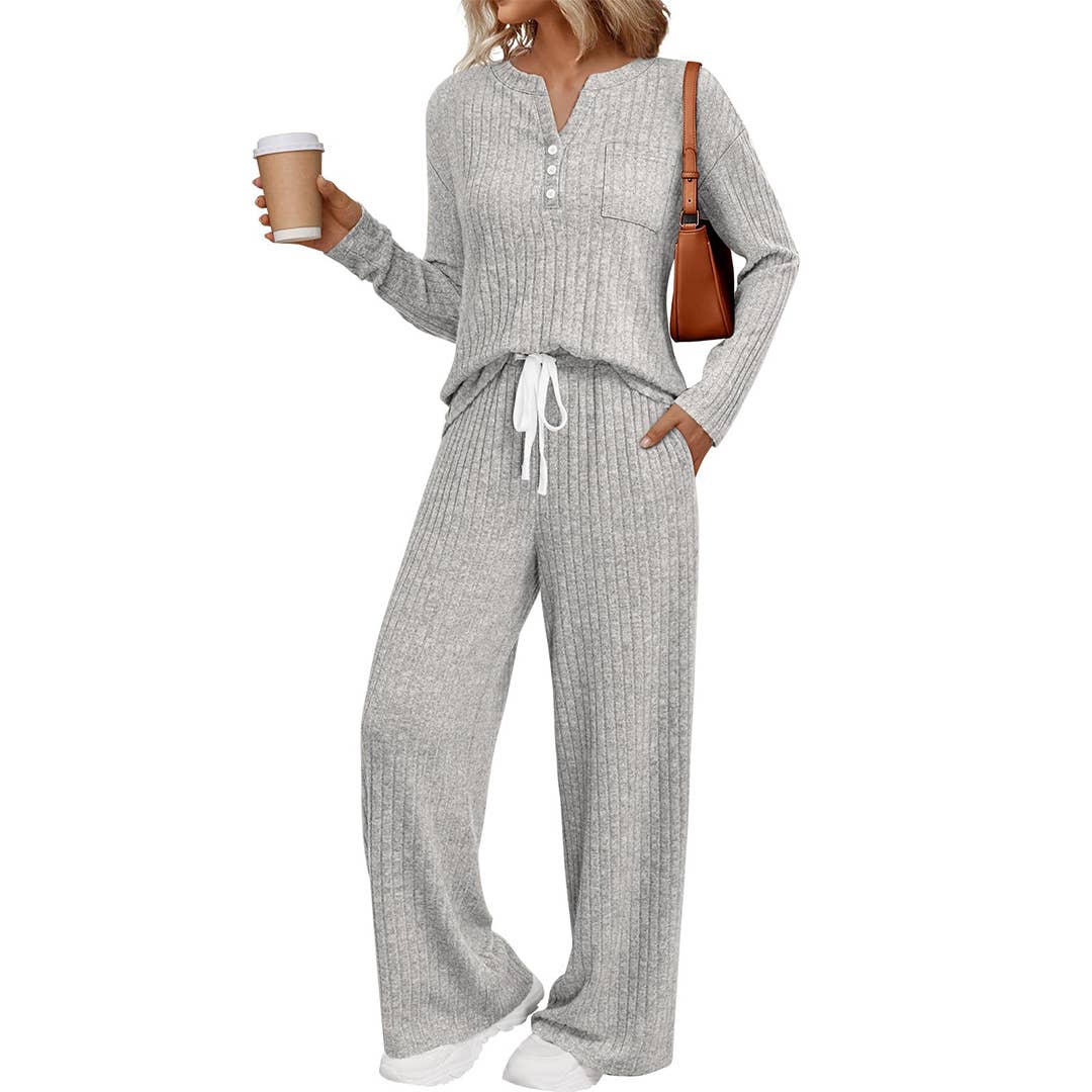 UNISHE - Vente Ensemble de vêtements d'intérieur – femme - Ensemble de pyjama à manches longues côtelées avec boutons et pantalon AXY03912