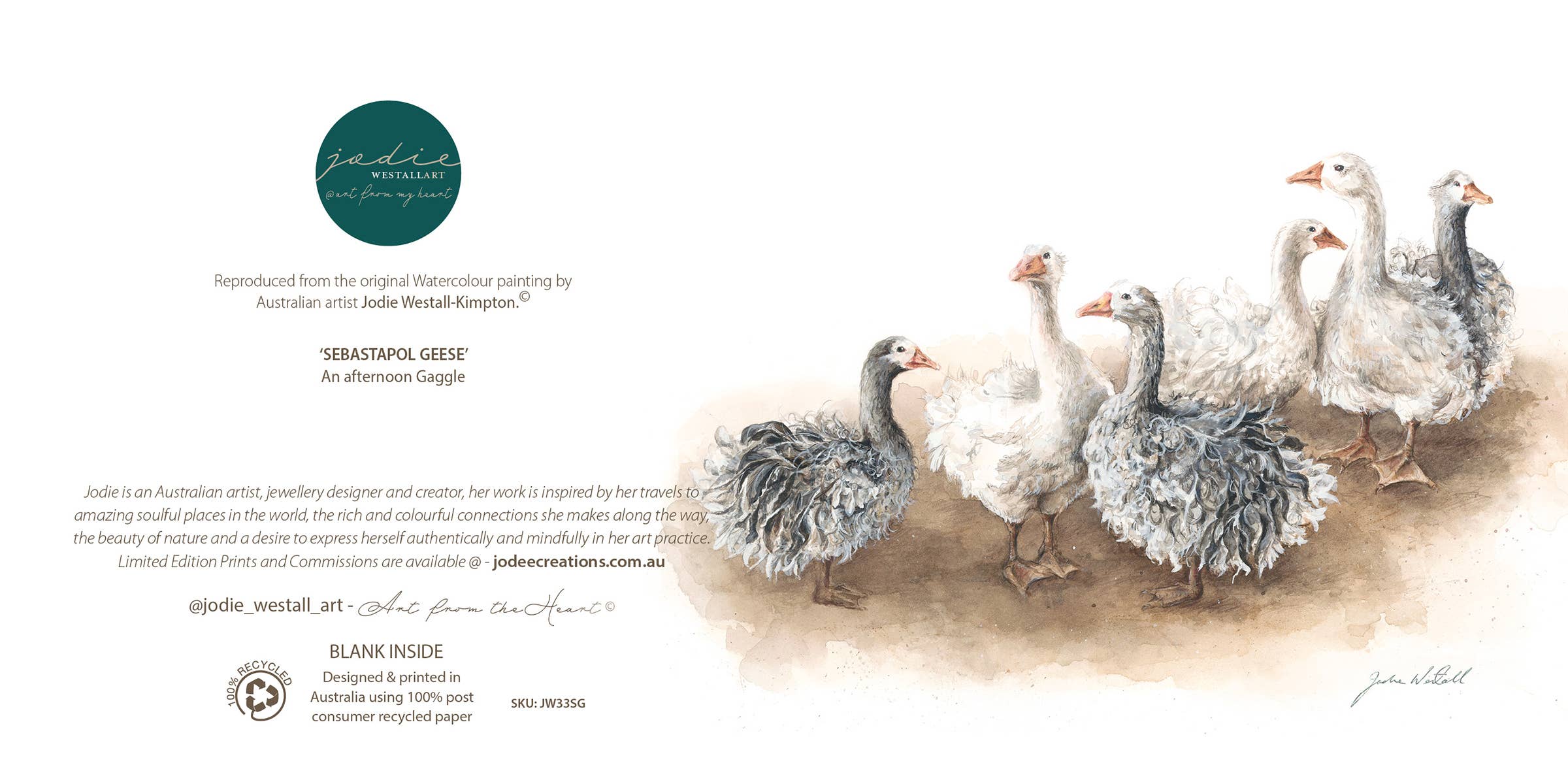 Jodie Westall Art - Wholesale Everyday greeting card - ‘Afternoon Gaggle’ Sebastapol Geese - Greeting Card2