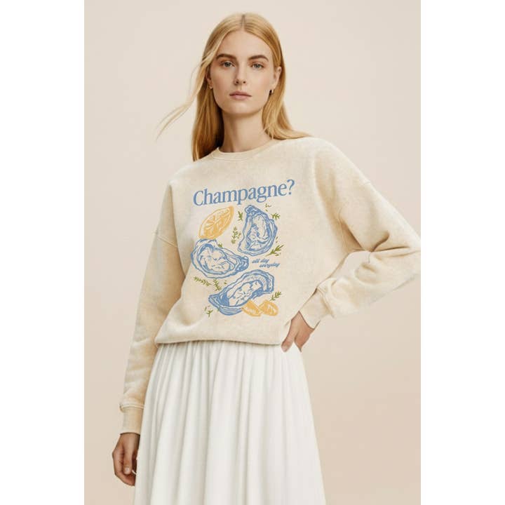 CHAMPAGNE OYSTER GRAFISK MINERALT VÄTTAD SWEATSHIRT för wholesale av VINTAGE POINT USA