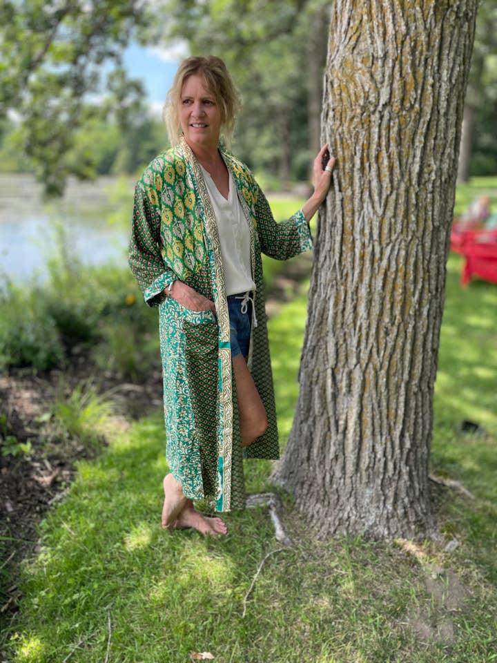 Bohemian Grace - Grace & Grit - Wholesale Robe - Women's - Annabelle Silk Sari Robe - Green1