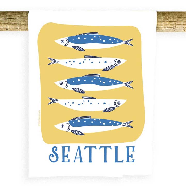Seattle Fish on Gold Swedish Towel for wholesale by Potluck Press