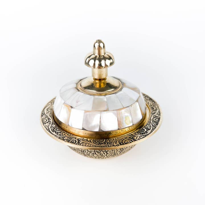 GREENROOTS USA LLC - Wholesale Decorative Plate/Dish/Bowl - Brass Mother Of Pearl Carved Bowl With Lid - 3.5"D, 3"H6