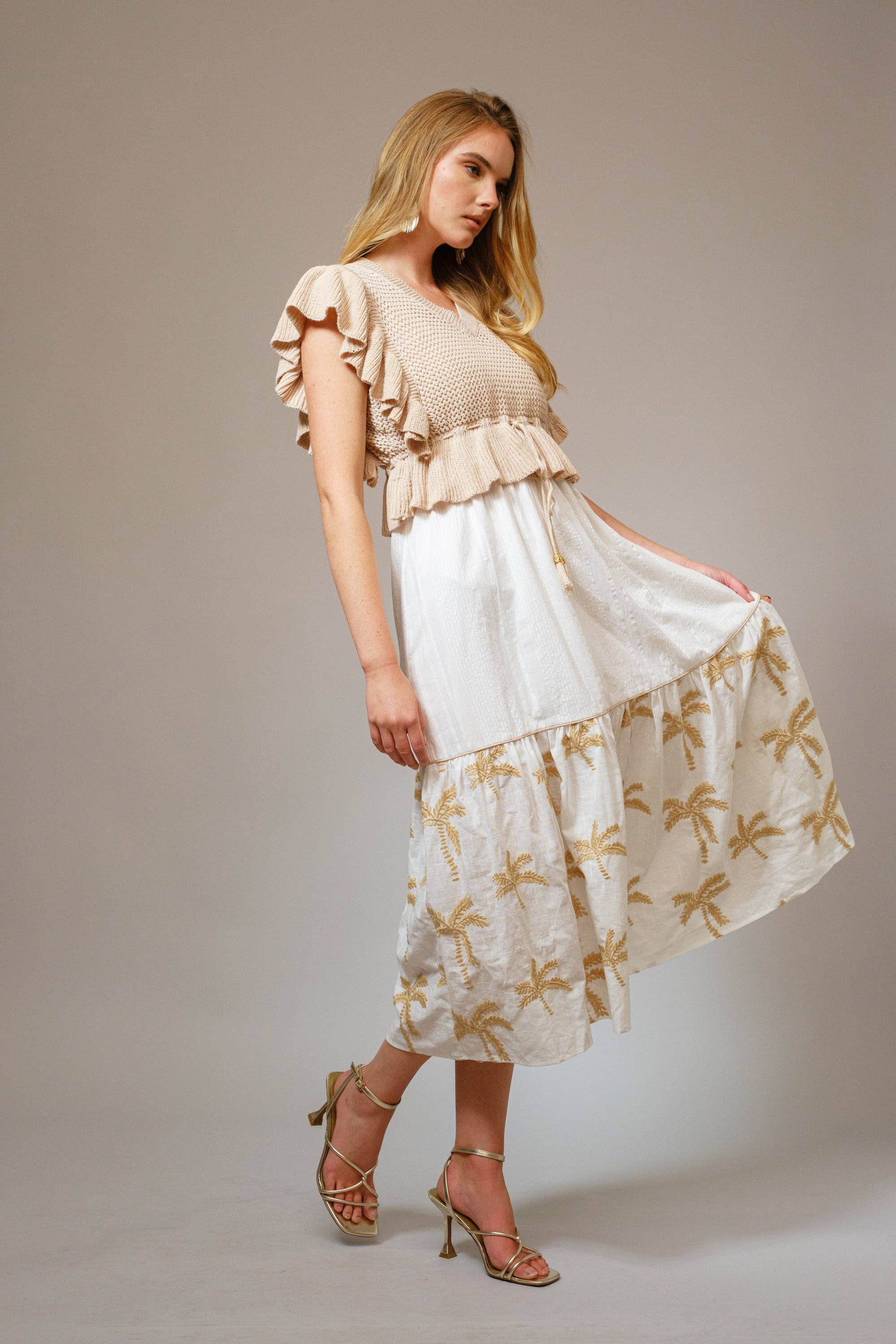 TAUPE 36828SET - Open Knit Embroidered Midi Dress Set for wholesale on Faire6