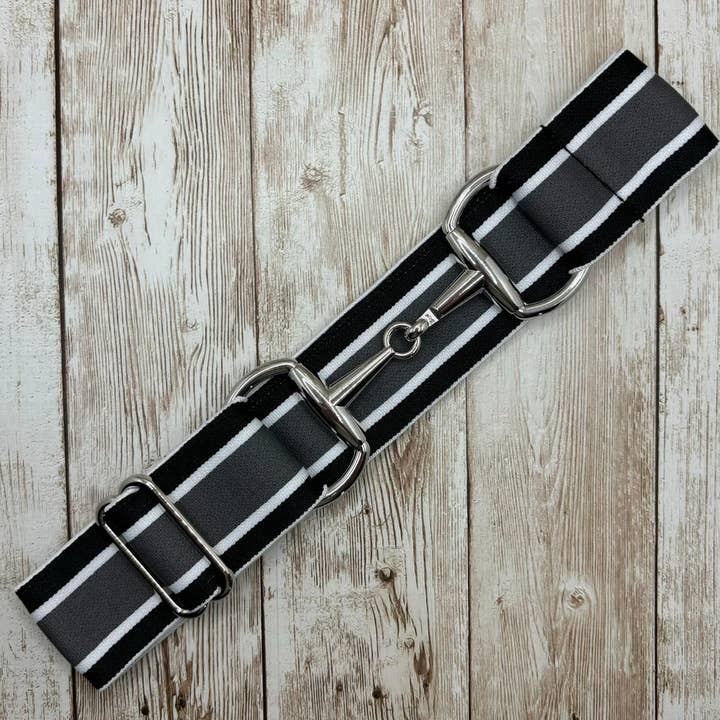 1.5" Equestrian Elastic Bit Buckle Belt - Black, Grey Stripe for wholesale by Benny Bows