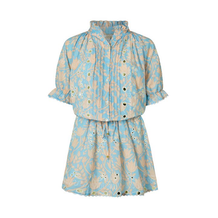 Samui in stampa blu, bianco e corallo pallido per la vendita all'ingrosso da parte di sister design