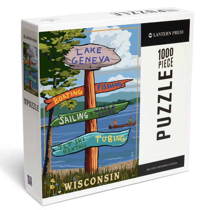 1000 PIECE PUZZLE Lake Geneva, Wisconsin, Destinations Sign for wholesale by Lantern Press