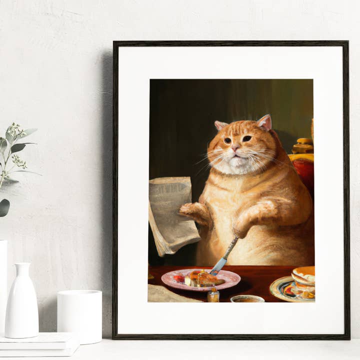 Kunstdruck - Mews Over Breakfast Renaissance Fancy Cat für den Großhandel von The Wolfshop