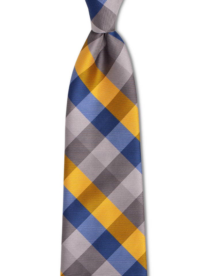Gold Blue Silver Plaid Skinny Tie for wholesale by GoTie