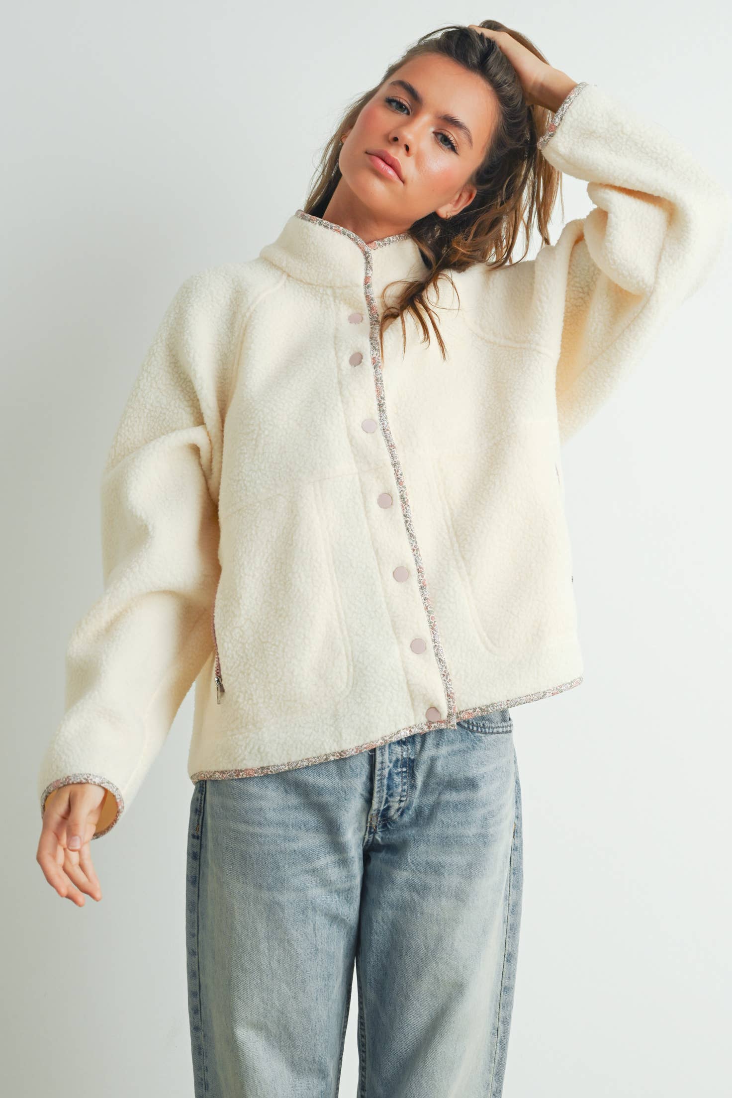 BUTTERMELON - Wholesale Shirt Jacket/Shacket - Women’s - Fall Cozy Snap Mock Neck Sherpa Fleece Jacket - BMJ75478