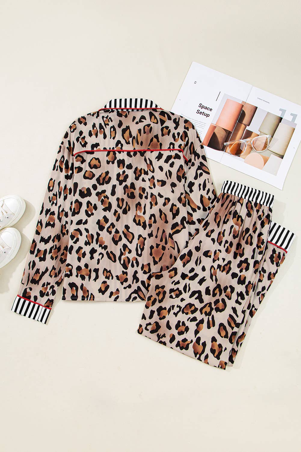 Khaki LAS Leopard Striped Edge Shirt and Pants Pajama Set (S-4X) for wholesale on Faire6