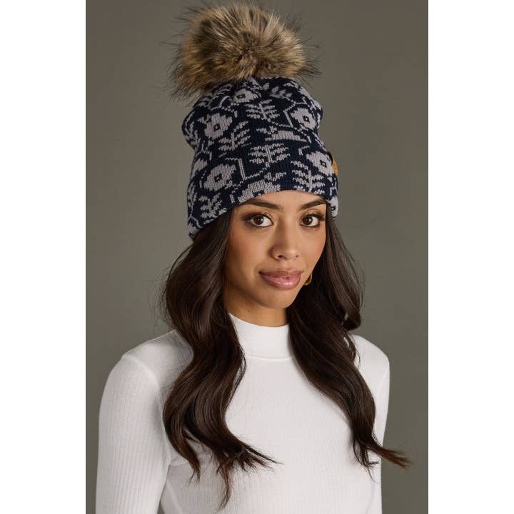 Panache Apparel Co. - Wholesale Beanie - Women's - Navy & Gray Floral Pattern Pom Hat2
