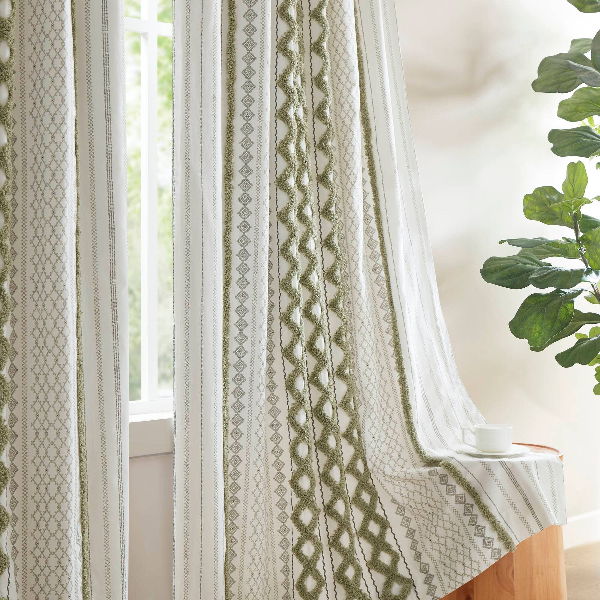 Olliix - Wholesale Curtain - Geometric Chenille Stripe Trim Cotton Curtain Panel, Green6